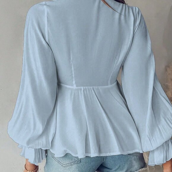 Baby Blue Boho Women's Casual Lace Patchwork Lantern Sleeve Peplum Top - Picture 2 of 3